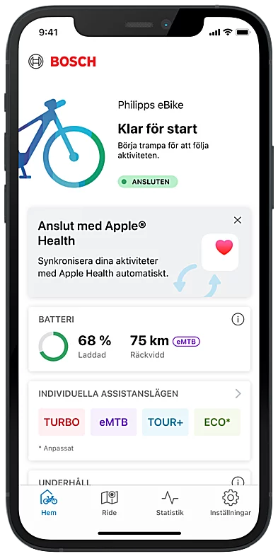 Skärmdump av smarttelefonens display som visar startsidan av eBike Flow-appen.