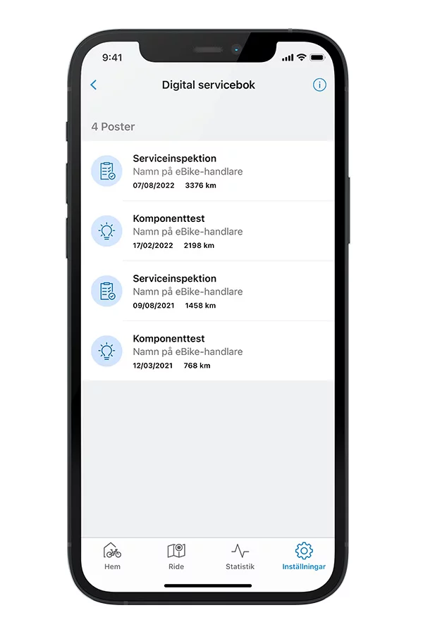 Freiställd smartphone med öppen eBike Flow-app som visar de digitala serviceböckerna.