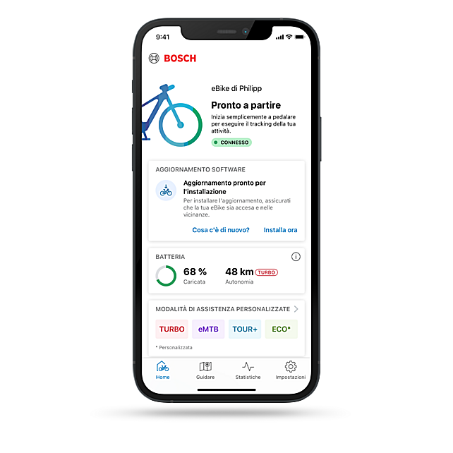 Pagina iniziale dell'app eBike Flow con informazioni sul eBike, lo stato batteria, le modalità di guida e i prossimi interventi di manutenzione.