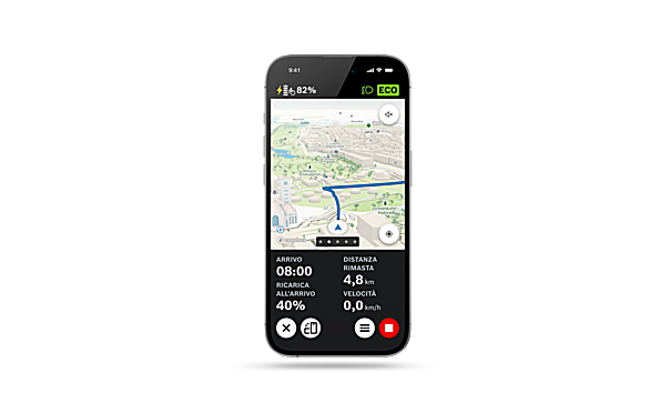 Schermata di uno smartphone con l'app eBike Flow aperta che mostra la funzione di visualizzazione della mappa 3D.