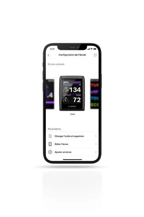 Capture d'[écran/page] du [smartphone]-[écran] affichant la [configuration de l'écran] dans l'application [eBike Flow], y compris les paramètres possibles.