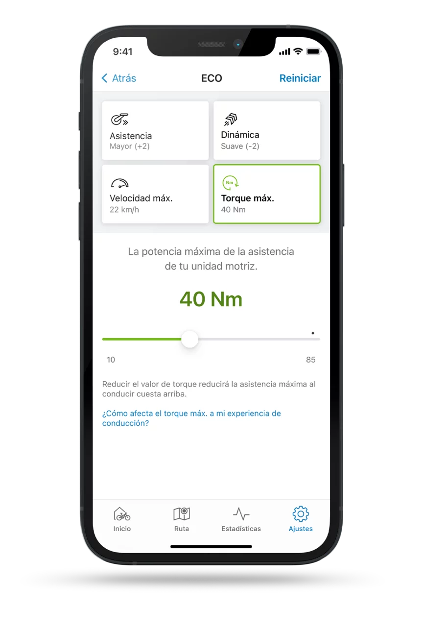 Captura de pantalla recortada de la aplicación eBike Flow con la configuración abierta para limitar el par máximo en modo ECO