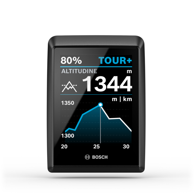 Kiox 500 raffigurato tagliato libero da Bosch eBike Systems. Sul display è visibile la schermata grafico altimetrico.