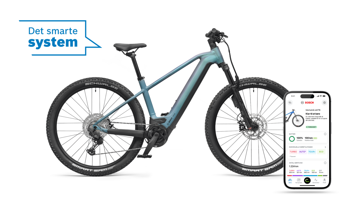 Blå eBike fritlagt med en blå taleboble, der viser 'Det smarte system'. Foran ses en smartphone, der viser startsiden for eBike Flow-app.