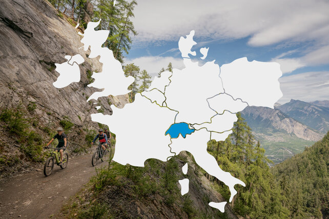 Ausschnitt einer Europakarte mit Markierung der Schweiz überlagert ein Bild aus den Bergen 