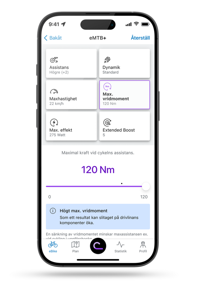 Smartphone som visar e credit shadow eBike Flow-app med inställningen öppen för maximal vridmoment i eMTB+-läge.