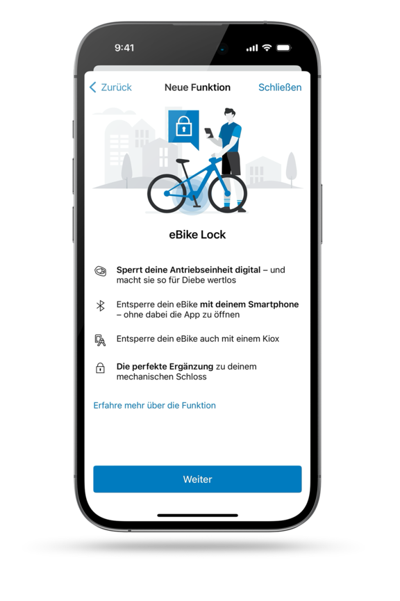 Screenshot eines Smartphones mit geöffneter eBike Flow App, der die neue Funktion eBike Lock vorstellt.