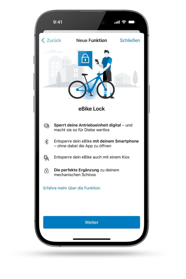Screenshot eines Smartphones mit geöffneter eBike Flow App, der die neue Funktion eBike Lock vorstellt.