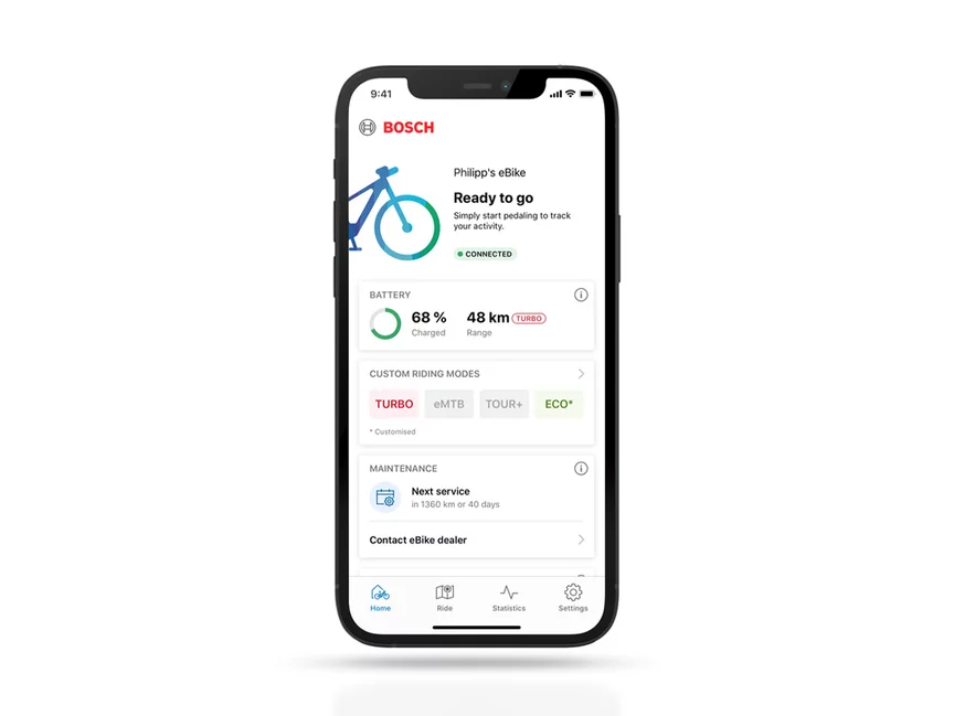 Zrzut ekranu aplikacji eBike Flow na smartfonie, przedstawiający ogólne informacje o połączonym rowerze elektrycznym.