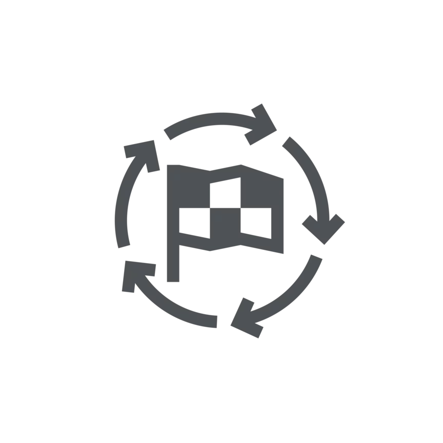 A racing flag surrounded by arrows forming a circle.