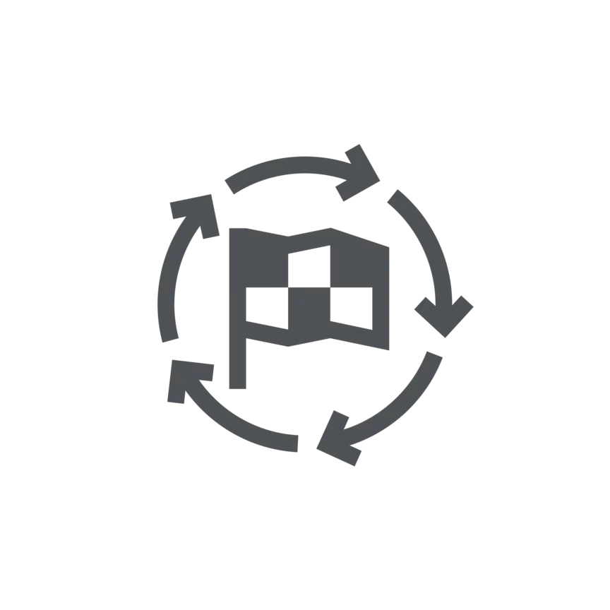 A racing flag surrounded by arrows forming a circle.