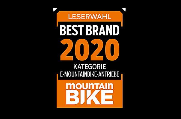 Icon with the text "READERS' CHOICE MOUNTAIN BIKE AWARDS": Centered on a black and orange background is "BEST BRAND 2020 CATEGORY E-MOUNTAIN BIKE DRIVES".