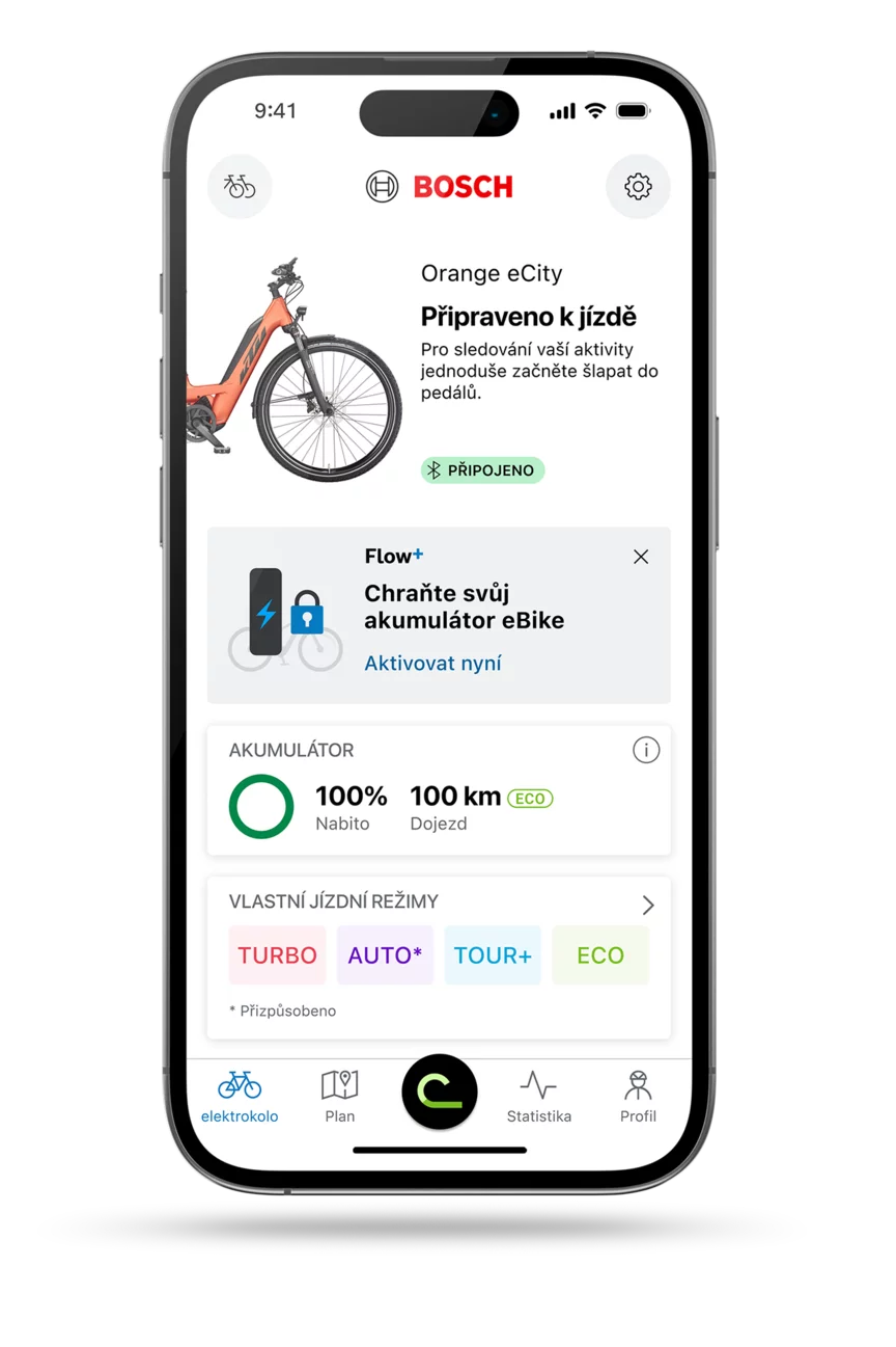 obrazovka aplikace eBike Flow: Úvodní obrazovka s informacemi o funkci "Chraňte svůj akumulátor eBike" a možností vyzkoušet si ji zdarma.