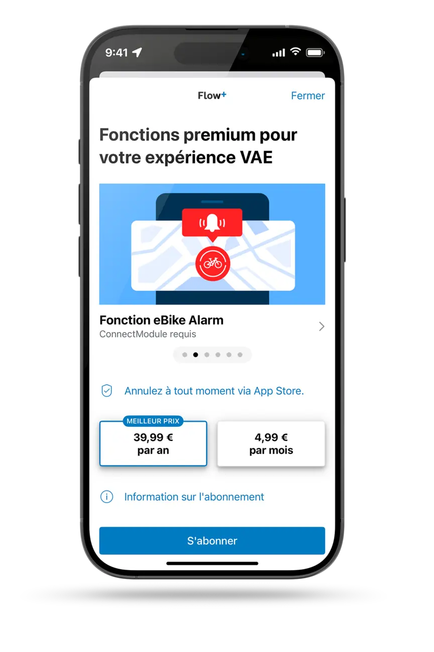 Smartphone détouré affichant les options d’abonnement de Flow+. De plus, la fonctionnalité premium eBike Alarm est visible.