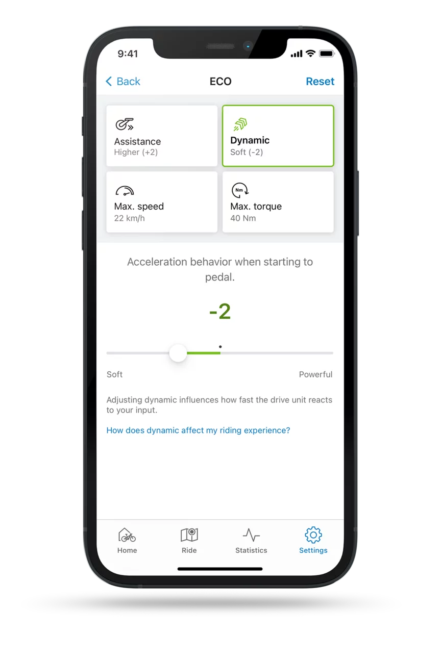 Cropped screenshot of the eBike Flow app with the riding dynamics setting open in ECO mode.