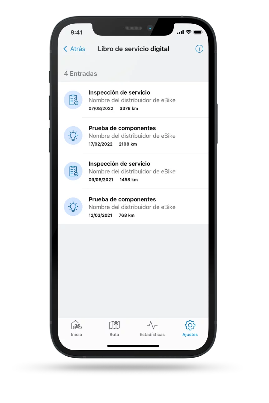Teléfono recortado con la aplicación eBike Flow abierta, que muestra los libros de servicio digitales.