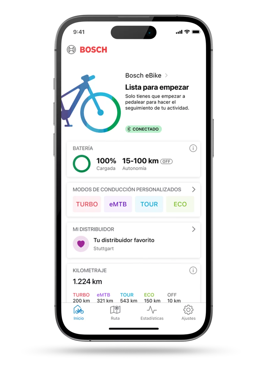 Teléfono recortado con la aplicación eBike Flow abierta en la página de inicio.