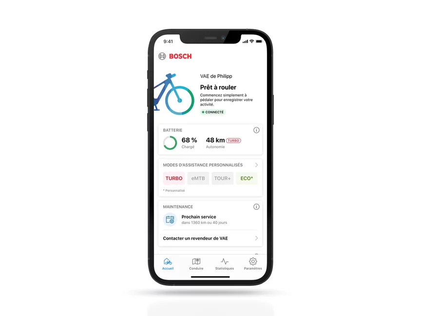 Capture d'[écran] d'un [smartphone], avec la page d'accueil de l'application [eBike Flow] ouverte, affichant des informations générales sur le [eBike] [connecté].
