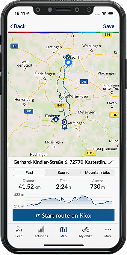 Capture d'écran de l'affichage sur smartphone montrant un itinéraire dans la section carte de Bosch eBike Connect.