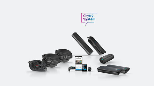 Některé produkty Bosch eBike jsou k dispozici k prohlédnutí. Nad nimi je ikona s textem "Chytrý systém".