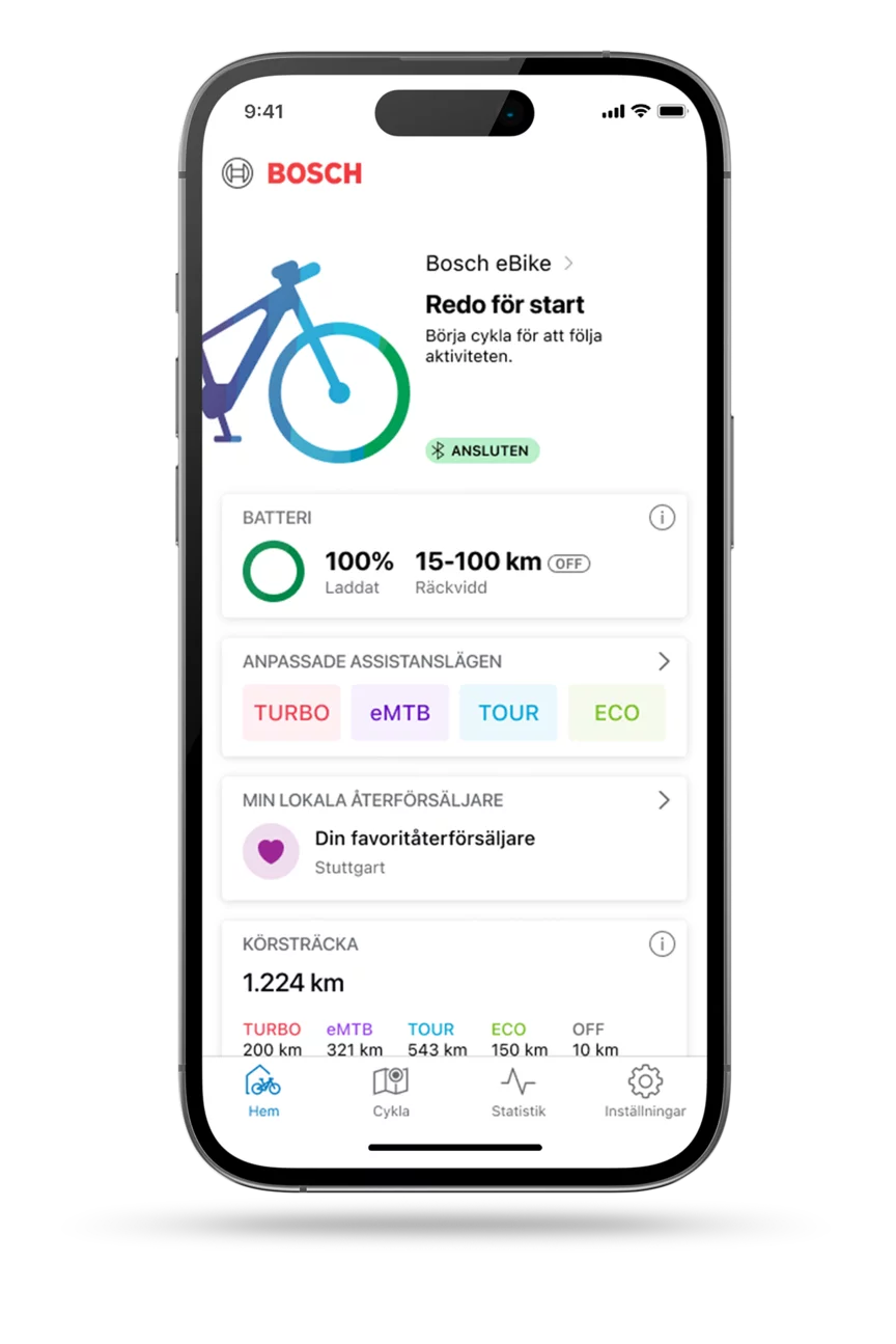 Frilagt smartphone med öppnad eBike FlowApp startsida.