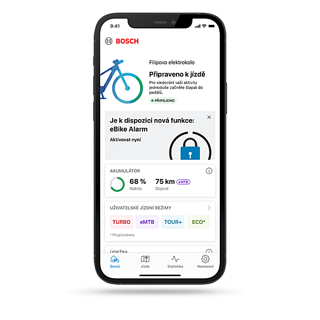 Snímek obrazovky domovského záložky aplikace eBike Flow ukazující novou službu eBike Alarm, která poskytuje další bezpečnostní funkci pro uživatele eBiku.