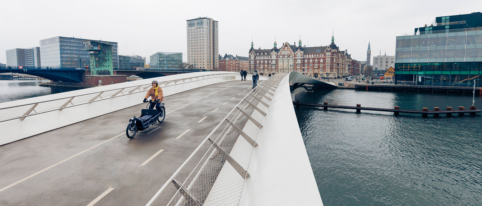 Sofie Birc is riding her cargo bike across a large bridge, with Copenhagen visible in the background.