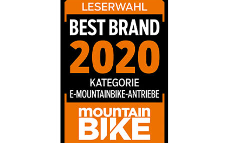 Icon mit dem Text „LESERWAHL MOUNTAIN BIKE“: Im Zentrum steht „BEST BRAND 2020 KATEGORIE E-MOUNTAINBIKE-ANTRIEBE“ auf schwarz-orangem Hintergrund.