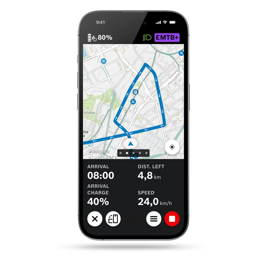 Screenshot of a smartphone display showing active route navigation in the eBike Flow app, with map, arrival time, remaining distance, state of charge at arrival, and current speed.