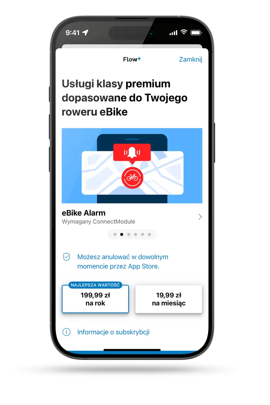 Przycięty smartfon prezentuje opcje subskrypcji Flow+. Dodatkowo widoczna jest funkcja premium eBike Alarm.