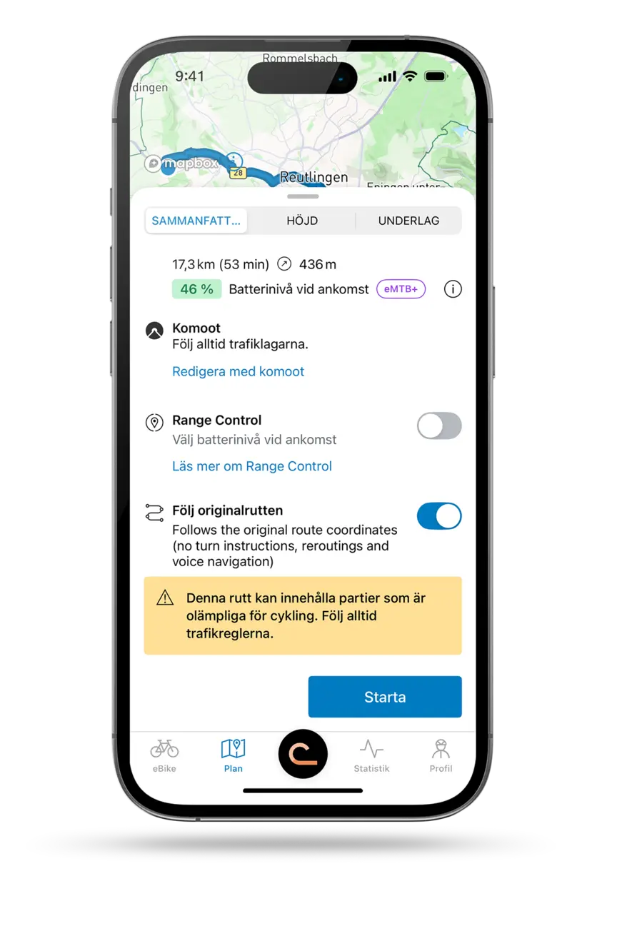 Skärmdump av en smartphone-display som visar aktiv ruttnavigering i eBike Flow-appen, med karta, ankomsttid, återstående sträcka, laddstatus vid ankomst och aktuell hastighet.