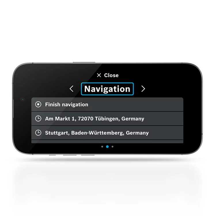 On a horizontal, cropped phone, a display screen can be seen showing the "navigation" field. Also, the "Exit navigation" option is visible, as well as the destination addresses.