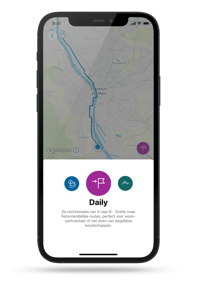Routenprofiel "Dagelijks" in de eBike Flow-app, weergegeven op een lichtgrijze achtergrond.
