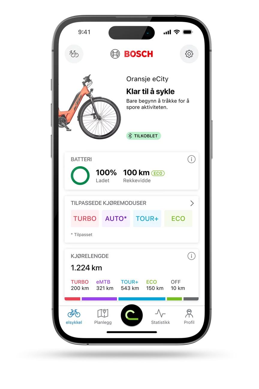 Startskjermen til eBike Flow-app for IOS, frilagt på en smarttelefon.