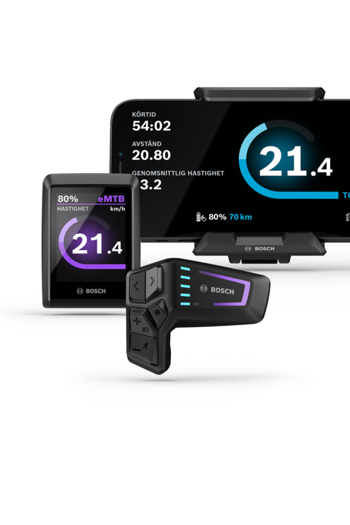 Kiox 300, en SmartphoneGrip med en insatt smartphone och LED Remote visas frilagda.