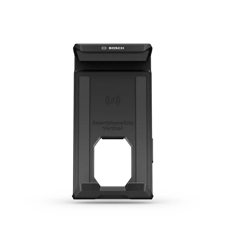 Representation of the SmartphoneGrip Vertical as an eBike mobile phone holder. The smartphone is secured in portrait mode and charged wirelessly.