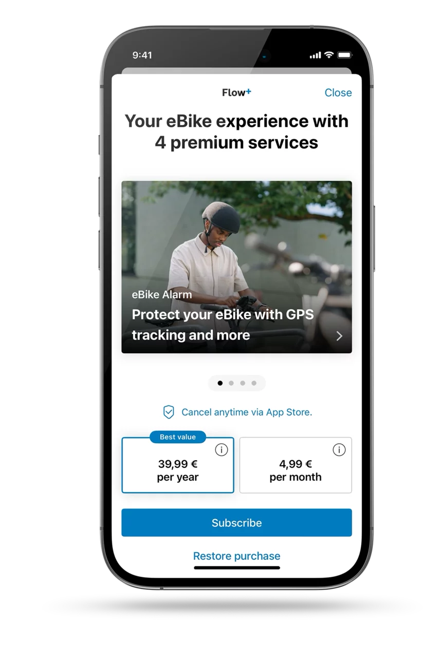 Screenshot of the open eBike Flow app, showing Abo options; for Flow+: €39.99 per year or €4.99 monthly.
