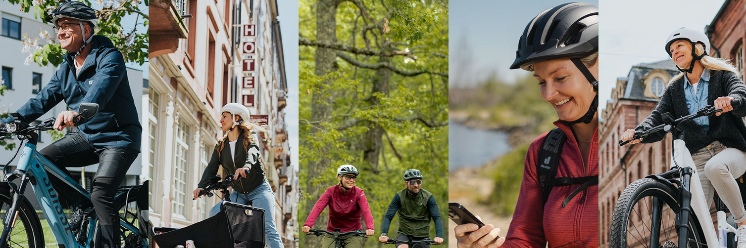 Sammanställning av fem bilder som visar olika körscener och olika eBike.