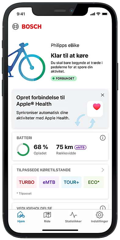 Skærmbillede af smartphone-displayet, der viser startskærmen for eBike Flow-appen.