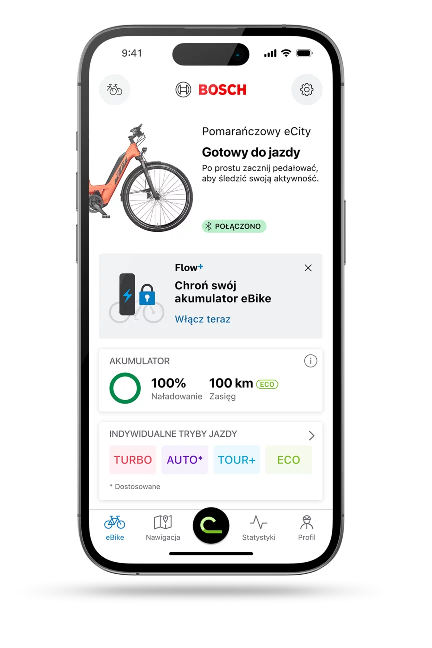 Zrzut ekranu aplikacja eBike Flow: ekran startowy z notatką na temat funkcji „Chroń swoje akumulator eBike” i możliwością bezpłatnego testu.