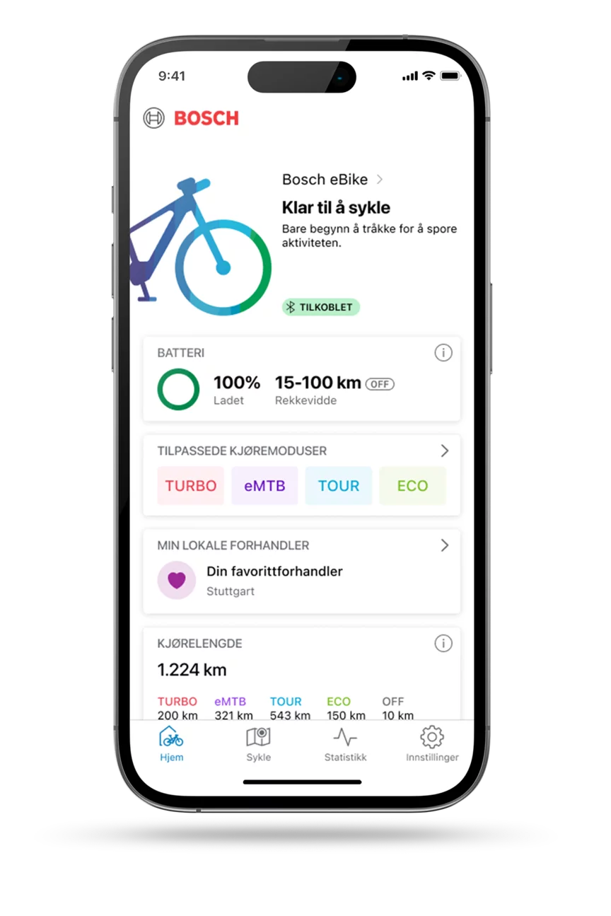 Smarttelefonen er friklippet med åpen eBike FlowApp startside.