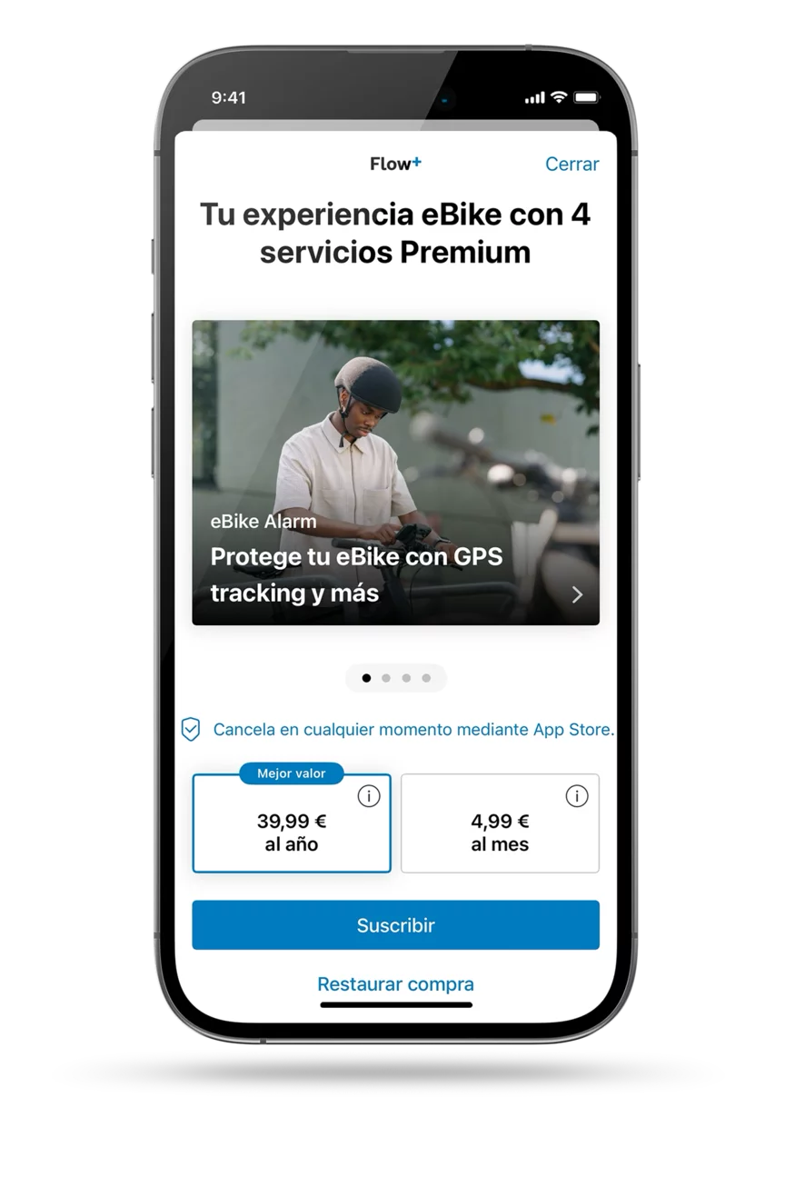 Captura de pantalla de la aplicación eBike Flow abierta, muestra las opciones de suscripción; para Flow+: 39,99 € al año o 4,99 € al mes.