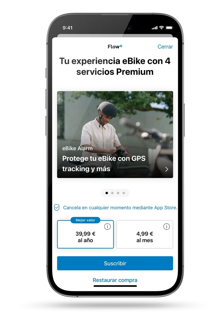 Captura de pantalla de la aplicación eBike Flow abierta, muestra las opciones de suscripción; para Flow+: 39,99 € al año o 4,99 € al mes.