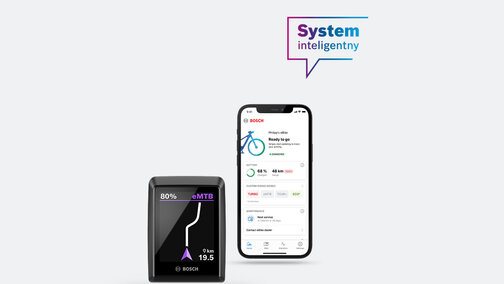 Przycięta reprezentacja smartfona z otwartą aplikacją eBike Flow i wyświetlaczem Kiox. Nad nimi znajduje się niebiesko-fioletowy dymek z napisem „System inteligentny”.