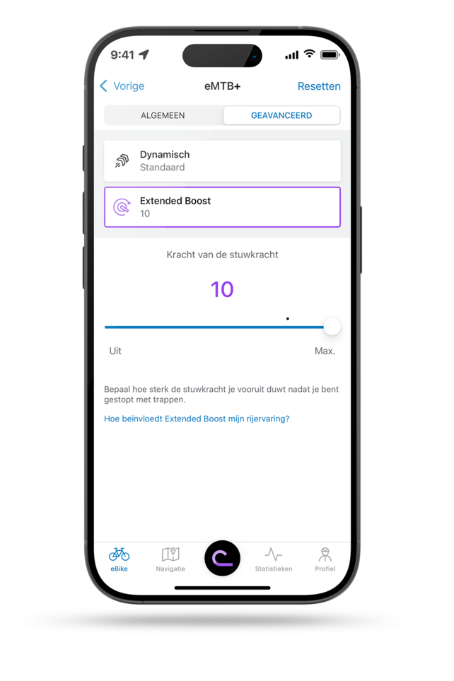 Beeld van de Bosch eBike Flow-app met de instelling "Extended Boost" in de eMTB+-modus. De schuifregelaar voor de hoeveelheid stuwkracht na het trappen staat op 10.