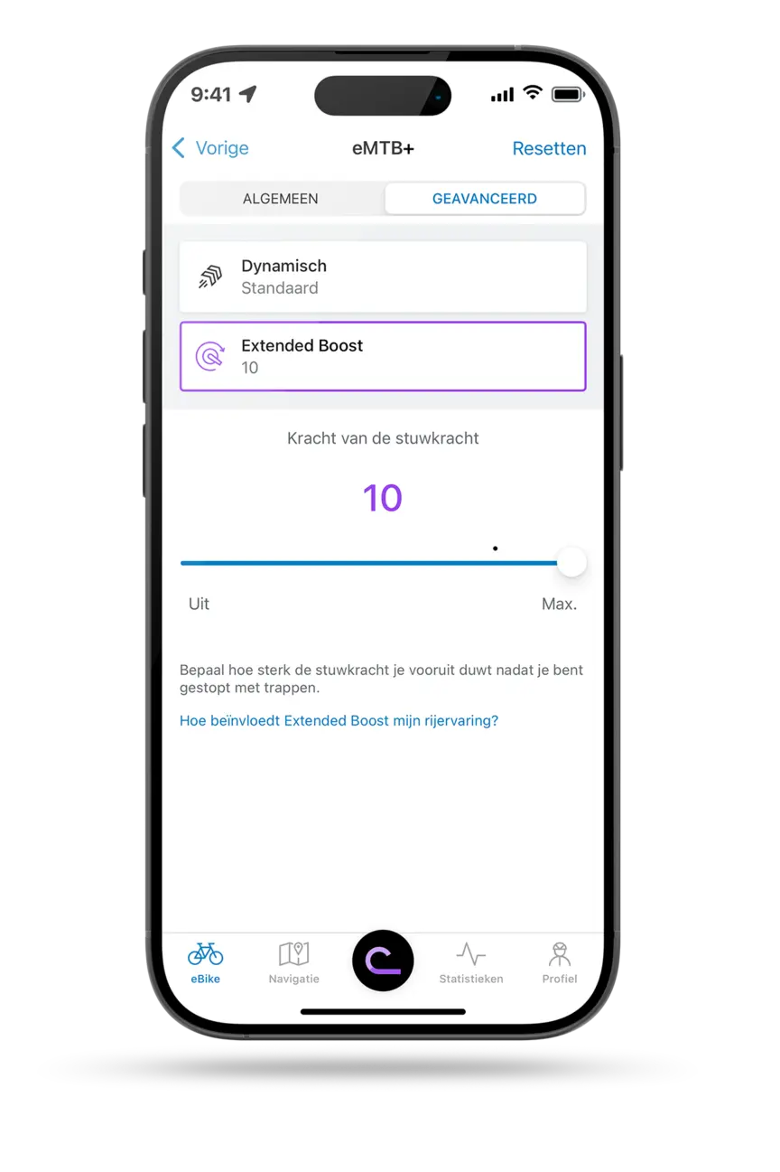Beeld van de Bosch eBike Flow-app met de instelling "Extended Boost" in de eMTB+-modus. De schuifregelaar voor de hoeveelheid stuwkracht na het trappen staat op 10.
