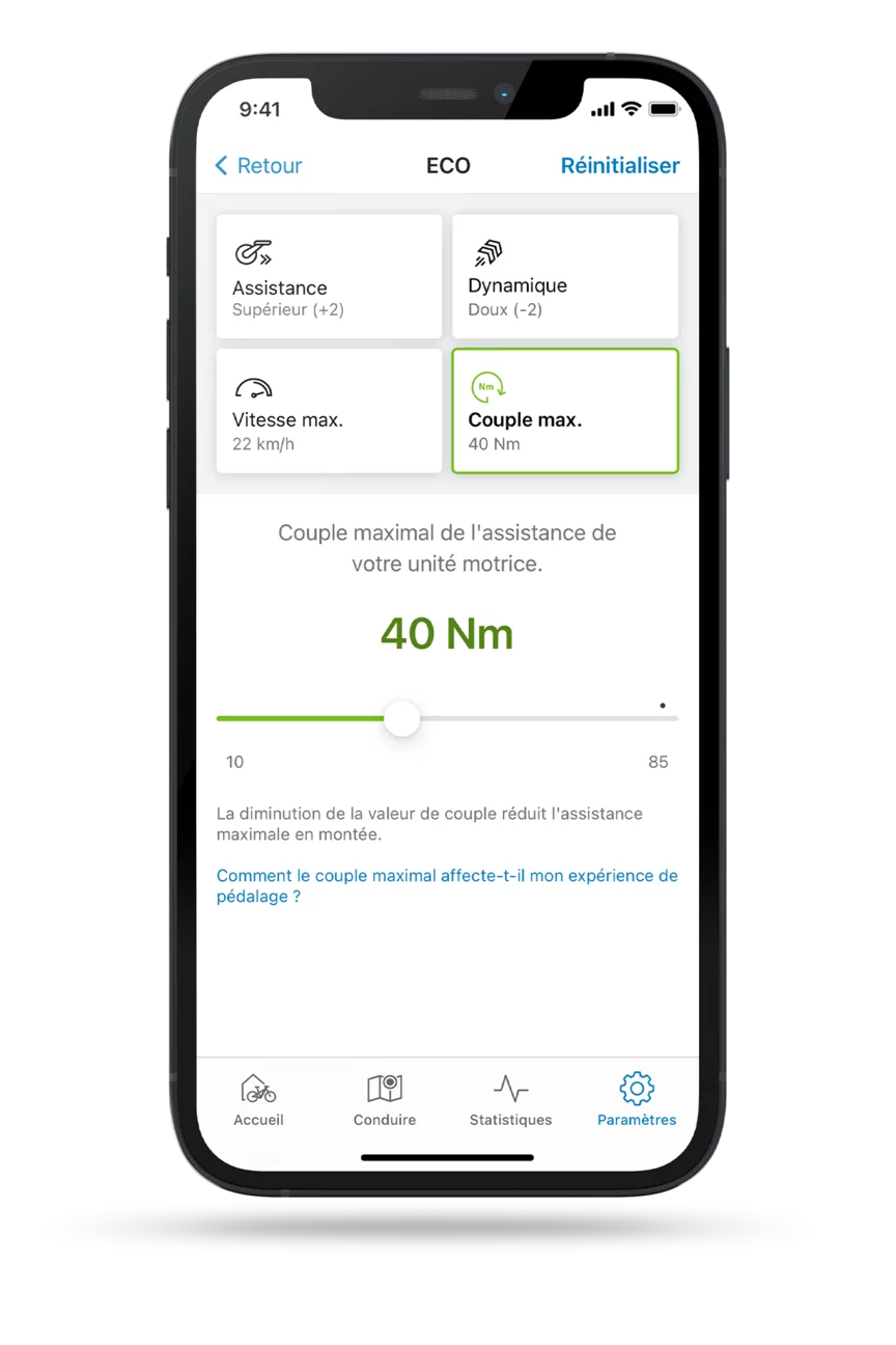 Capture d’écran recadrée de l'application eBike Flow avec le paramètre ouvert pour limiter le couple maximal en mode ECO