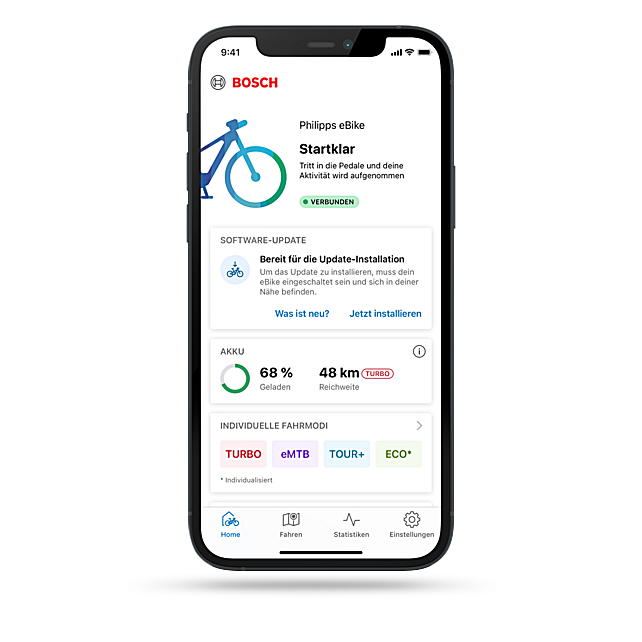 Startseite der eBike Flow App mit Informationen über das eBike, den Akkustand, die Fahrmodi und anstehende Wartungen.