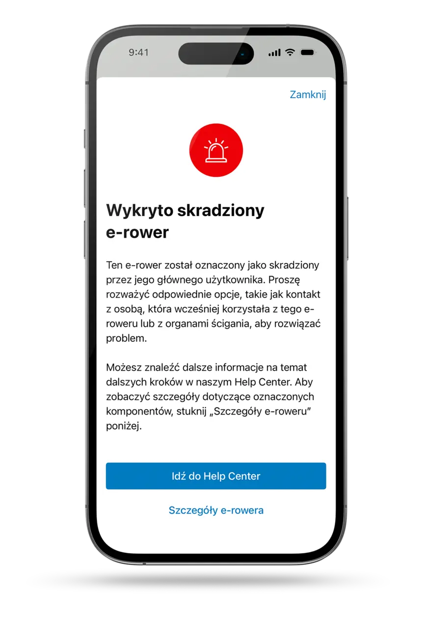 Komunikat ostrzegawczy o kradzieży eBike’a i dalszych krokach.