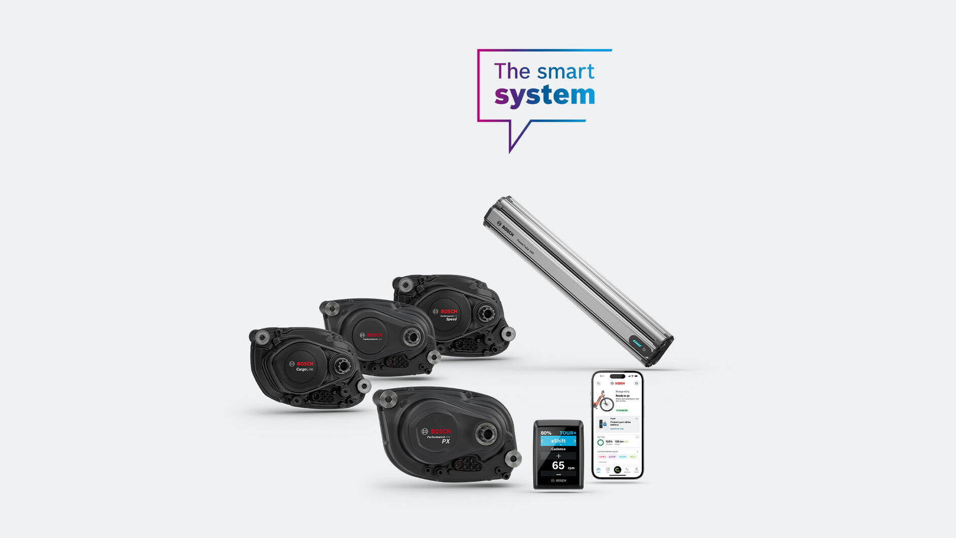 The drive units Cargo Line, Performance Line, Performance Line PX, and Performance Line Speed, a Kiox, a smartphone with the eBike Flow app open, and the PowerTube 540 are shown, along with a blue-purple speech bubble displaying "The smart system" on a white background.